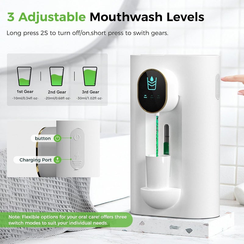 oylik Automatic Mouthwash Dispenser 18.26 oz Touchless Mouthwash Dispenser for Bathroom 2 Magnetic Cup USB Rechargeable and 3 Dispensing Levels with Led Screen Wall-Mounted or Countertop Use-White - Image 4